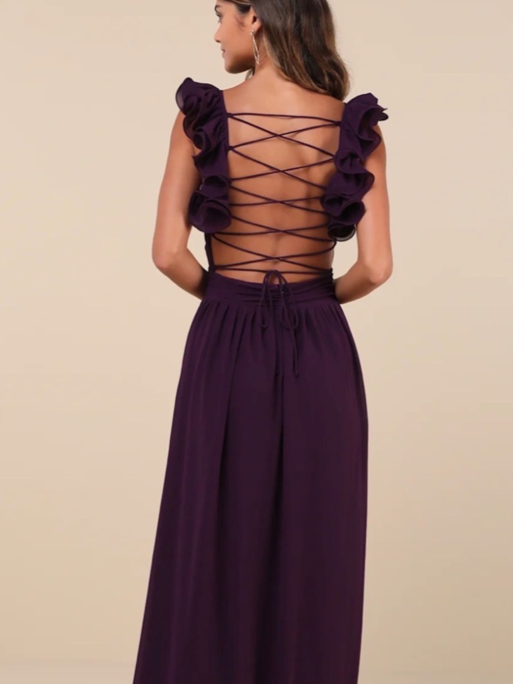 NWT lulus Soirée Celebration purple ruffled lace up maxi med.